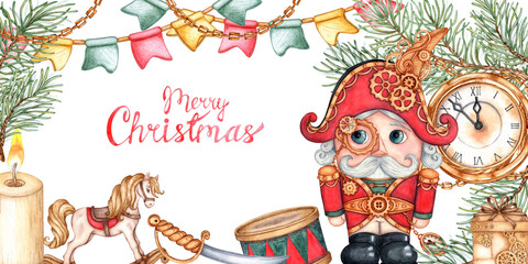 Nutcracker in steampunk style with fir branches, candle, rocking horse, drum, saber and gold watch, watercolor illustration. A figurine of a man with a large head cracking nuts. Banner isolated