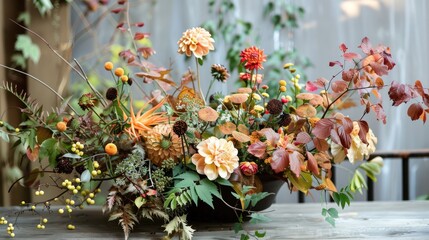 Fototapeta premium Stunning fall arrangement with flowers and foliage at home