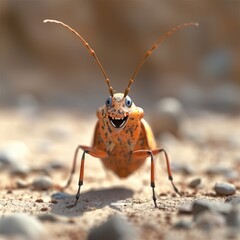 Close-up photo of a vibrant orange beetle with intricate patterns, sitting on sand and looking at the camera. Ideal for illustrating stories about insects or nature