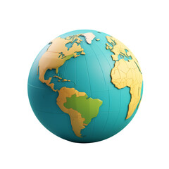 Fototapeta premium A 3D rendering of a cartoon-style globe with a transparent background. The globe shows the continents in yellow and green, with a blue ocean.