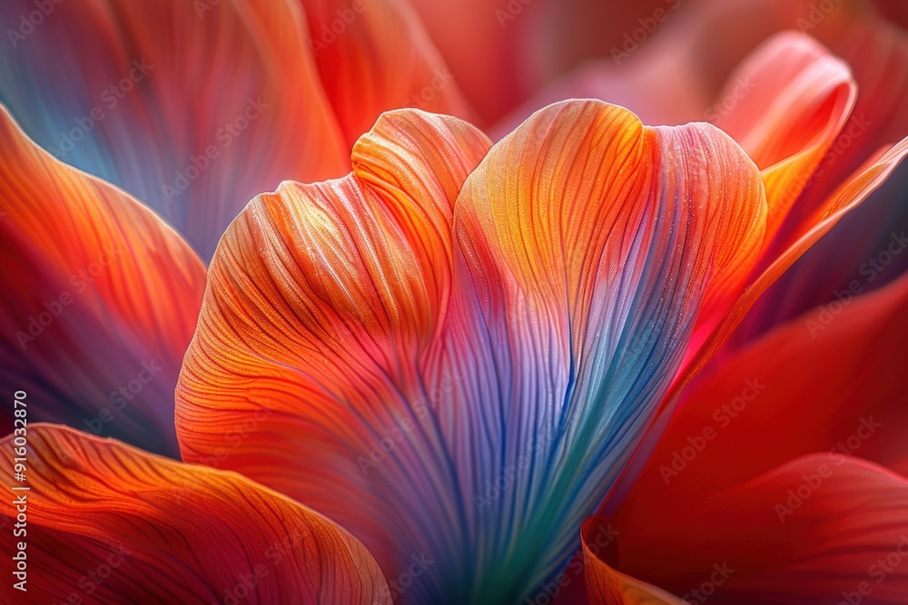 Poster a close-up view of a flower petal with vibrant colors and intricate patterns. ai.
