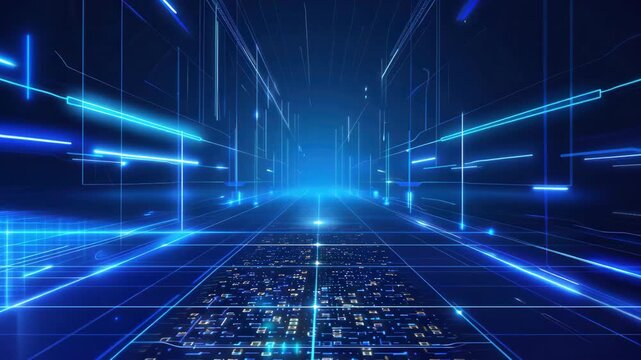 Futuristic digital landscape featuring glowing lines and grid patterns, creating a sense of depth and technology.