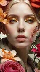 Intricate Ominous Floral Masterpiece of a beautiful white woman connected with nature, flowers style, beautiful flowers meet stunning woman, mother earth, fairy queen, beauty concept, natural cosmetic
