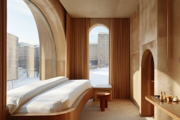 The image shows a hotel room with a curved wooden bed, a small round ottoman, a concrete wall with arched windows and curtains. There is a view of the city outside the windows
