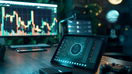 Tech Data Insights: Office tablet with currency and data visuals