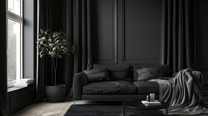 A harsh black couch in a room with charcoal walls and black window curtains