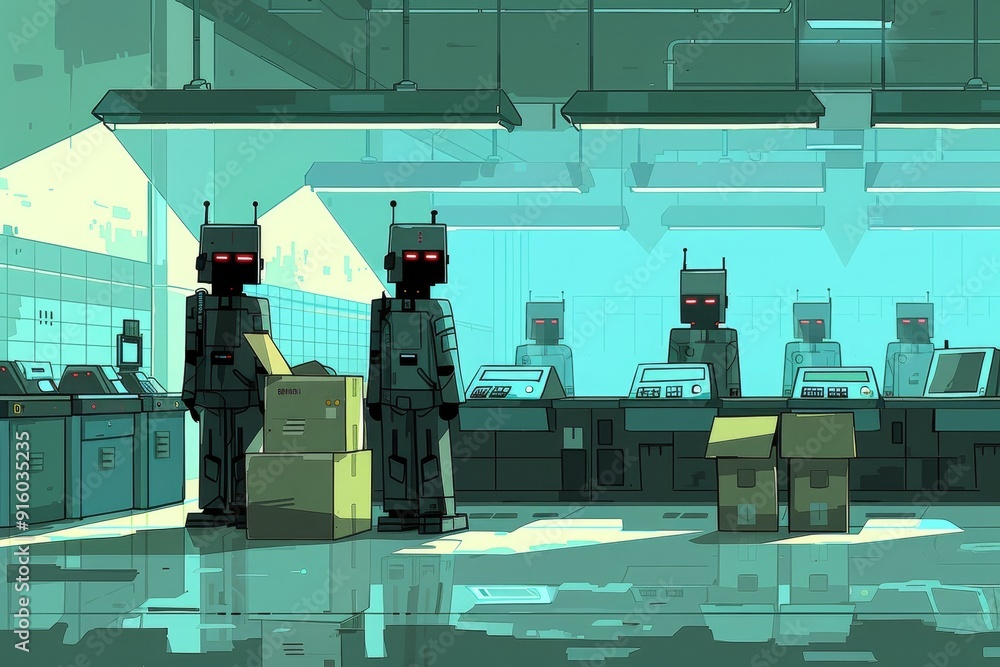 Aufkleber an illustration of a group of diligent robot workers in a futuristic office environment. the robots 