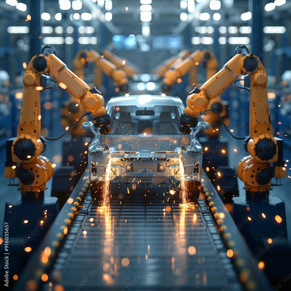 Poster the image shows a car production line with robotic arms welding on an assembly line in a car factory