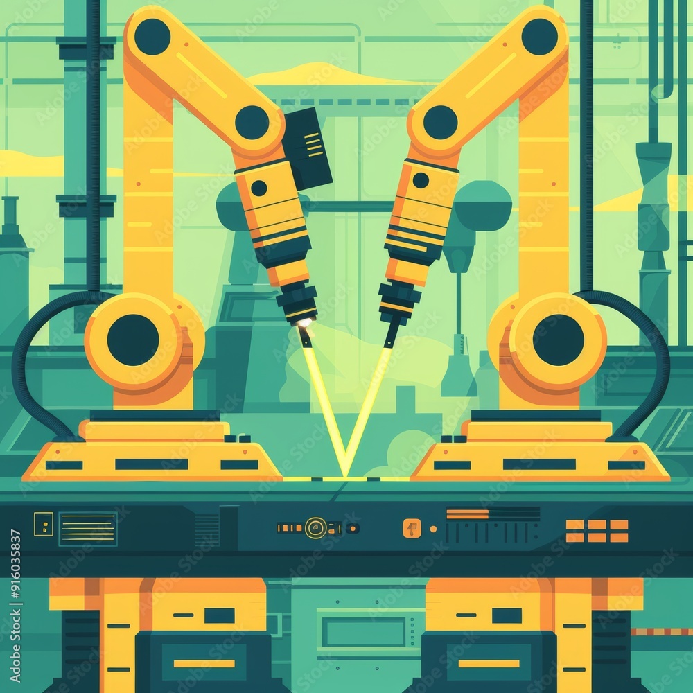 Poster the robots are welding a metal part. the background is a factory setting with other machines and equ