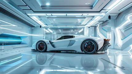 Fototapeta premium A sleek, white sports car sits in a futuristic, white garage with glowing blue lights. The car's reflection is visible on the shiny floor.