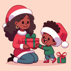 Young mother giving her son a gift for Christmas. Cartoon, color, simple, outline, plain background. Holiday season New Year.