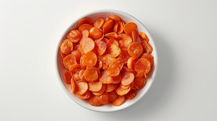 Heap of round and wavy orange carrot chips in a ceramic bowl on a white background. Organic healthy vegetable snack concept. Vegetarian crunchy food photography. Close-up, top view, selective focu
