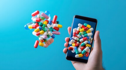 Digital Healthcare, Colorful pills spilling from smartphone screen, Online pharmacy concept.