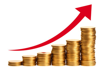 Red upward arrow with stacks of gold coins isolated on transparent background
