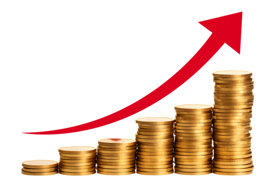 Red upward arrow with stacks of gold coins isolated on transparent background
