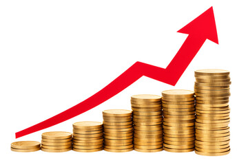 Red upward arrow with stacks of gold coins isolated on transparent background
