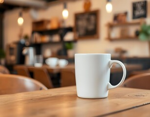  plain white mug on a rustic wooden table with a blurred background of a cozy coffee shop create with ai
