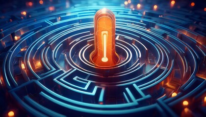 Obraz premium Orange Colored Exclamation Point Inside A Blue Maze. Generated image