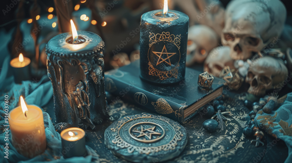 Wall mural mystical occult design mysterious magic symbols on burning candles at witchcraft altar with skulls m