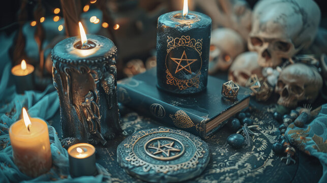 mystical occult design mysterious magic symbols on burning candles at witchcraft altar with skulls magic spell book and pentagrams halloween party black magic paganism evil voodoo curse background