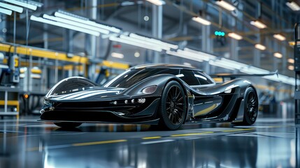 A sleek black sports car sits on a glossy floor in an industrial setting. The car has a low profile and a distinctive design.