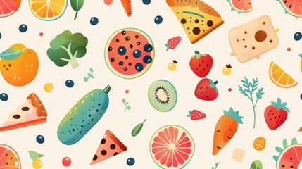 A vibrant assortment of fruits and vegetables scattered playfully on a light backdrop