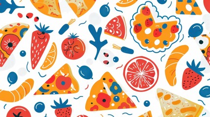 A vibrant display of pizza slices, fruits, and desserts arranged in a playful pattern