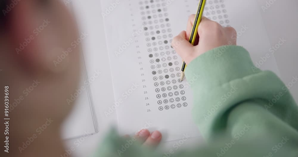 Leinwandbilder student, quiz and writing answer on test for education, learning and knowledge at school with top vi