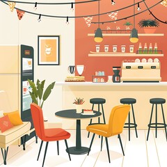 Fototapeta premium A cute illustration of an office break room with a coffee machine, snacks, and a cozy seating area with cheerful decorations. 8k UHD, suitable for high-quality printing or digital display. 