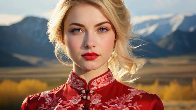 Pretty blond hair woman wearing red traditional Chinese dress Cheongsam