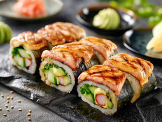 A plate of sushi with a variety of ingredients including avocado, cucumber, and shrimp. The sushi is arranged in a visually appealing manner and is accompanied by condiments such as wasabi