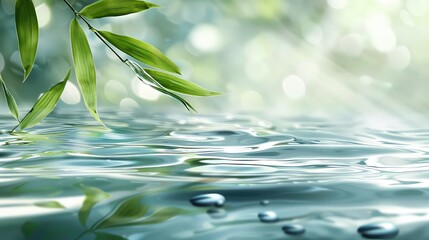 A branch of green leaves hangs over a calm body of water with a few pebbles submerged. The background is a blurry out of focus green and white landscape with a sunlit glow.