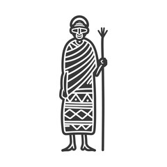 Black and White Illustration of a Person in Traditional Clothing Holding a Staff