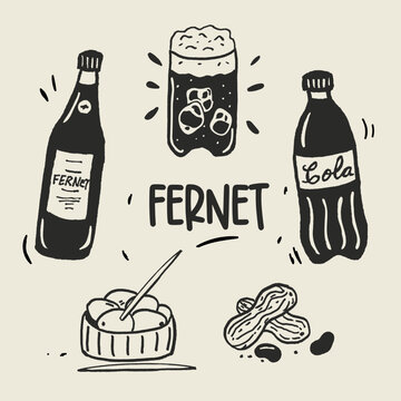 Aperitivo. Fernet con coca, viajero, gaseosa, bebida argentina tradicional tipica de la provincia de C&oacute;rdoba con aceitunas y man&iacute;.