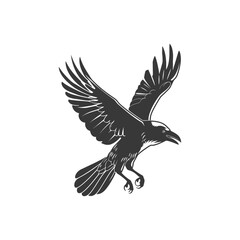 Obraz premium Black and White Illustration of a Crow in Flight