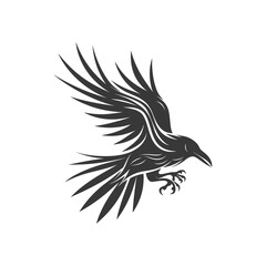 Obraz premium Black and white illustration of a crow in flight
