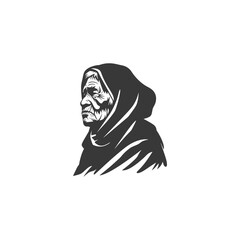 Black and White Illustration of an Elderly Woman Wearing a Headscarf