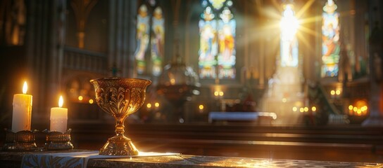 Obraz premium Golden Chalice and Candles in a Church