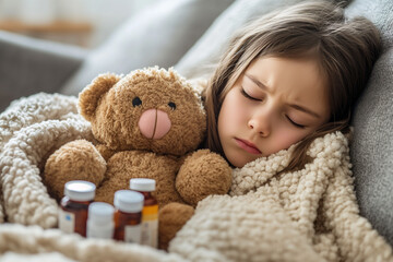 A young girl sleeping with a teddy bear, surrounded by medicine bottles, indicating illness.