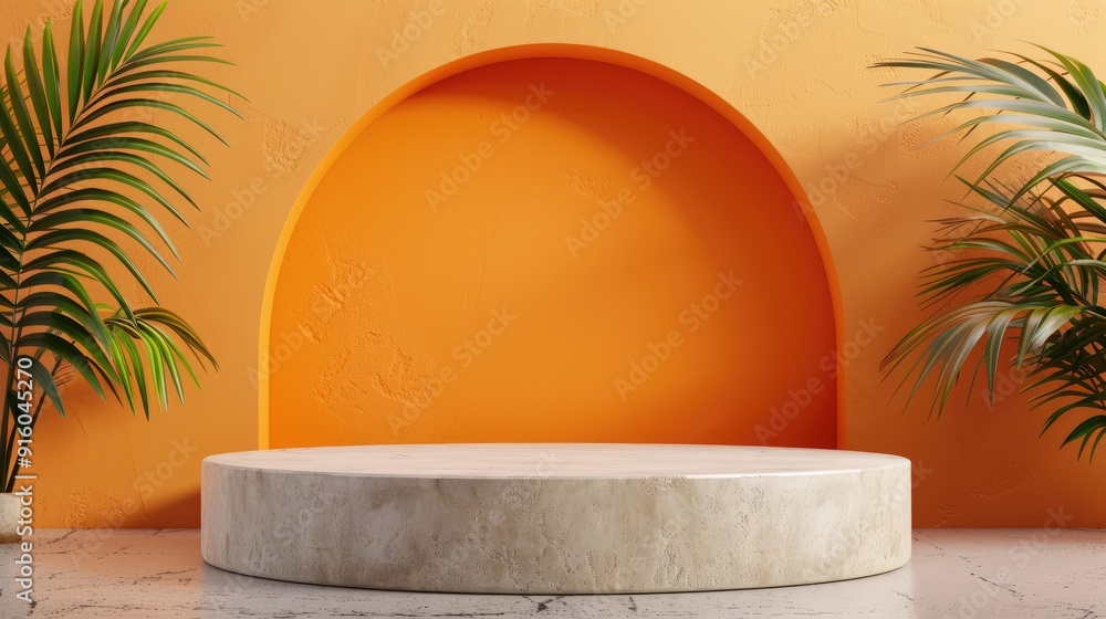 Wall mural Concrete podium on orange background for cosmetic product display.