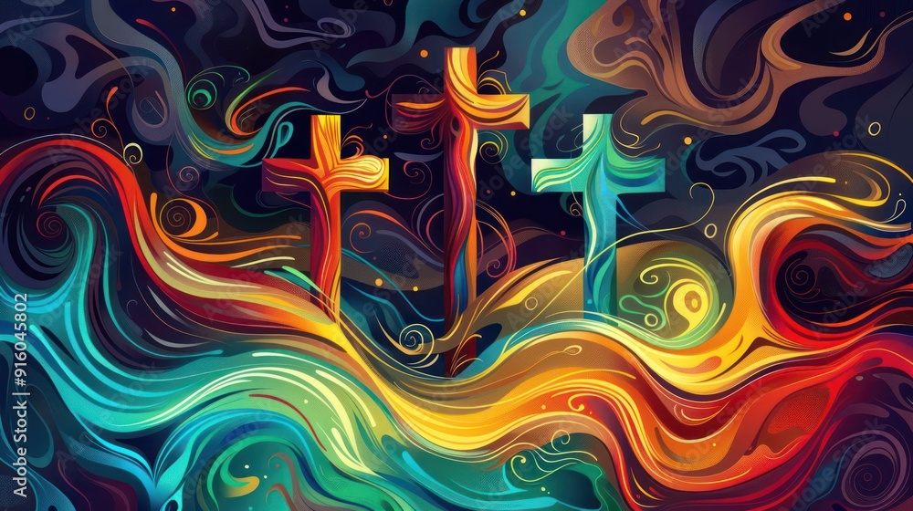 Wall mural Waves and Swirls Design of Three Crosses