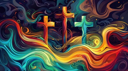 Obraz premium Waves and Swirls Design of Three Crosses