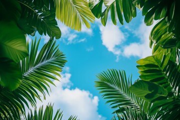 Fototapeta premium Lush Tropical Foliage Framing a Blue Sky, Embracing the Essence of Nature's Paradise and Freshness with Central Composition