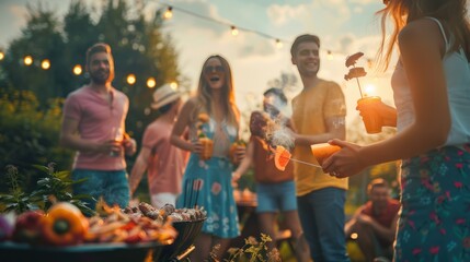 Woman Roasting Orange Slice Over Charcoal Grill At Backyard BBQ