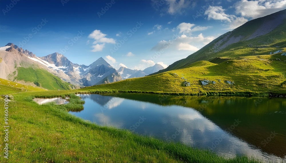 Poster high mountain meadows majestic mountains and tranquil waters