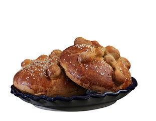 Dos hojaldras, pan de muerto, adornados con ajonjolí. Comida tradicional de los festejos de día...