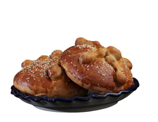 Dos hojaldras, pan de muerto, adornados con ajonjolí. Comida tradicional de los festejos de día de muertos en México. Fondo transparente, formato PNG