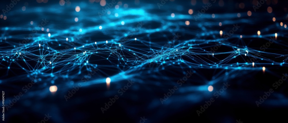Poster an abstract representation of a cybersecurity network: glowing nodes and lines in a dark digital env