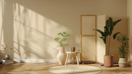 Living room decor with copy space, partition, plant, stool, books, beige wall, wooden floor, and personal items.