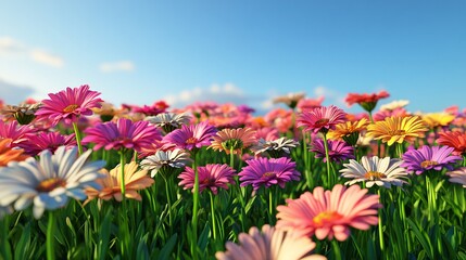 Obraz premium A field of vibrant, colorful daisies basking in the warm, sunny afternoon light, with a clear blue sky above.